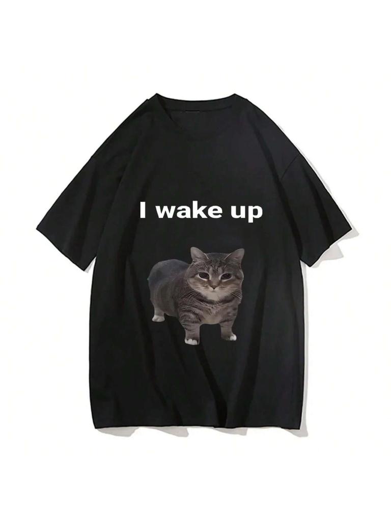 Cute Cat L Wake Up T-Shirts Funny Cool Classic 'unisex Wo'unisex Clothes Harajuku Aesthetic Vintage Unisex Oversized Casual Loose Tops