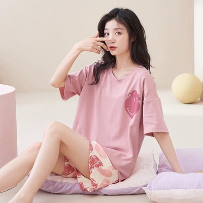 Summer Pajamas Women's Sweet and Cute Style Korean Version of Round Neck Loungewear Summer Girls' Short-sleeved Shorts Set Can Be Worn Outside