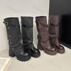 Fashion Women's Comfortable Knee-high Boots 2025 Autumn Fashion Belt Buckle Long Boots Mid-Heel Round Toe Outdoor Platform Botas Mujer