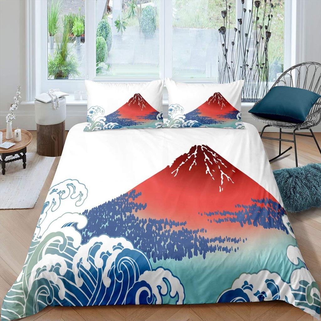 Japanischer Stil Weiche Bettbezug-Set für Mädchen Polyester Berg Fuji Warme Deckenbezug Kirschblüten Blume Tinte Hplus Gemalt Bequemer Bettdeckenbezug