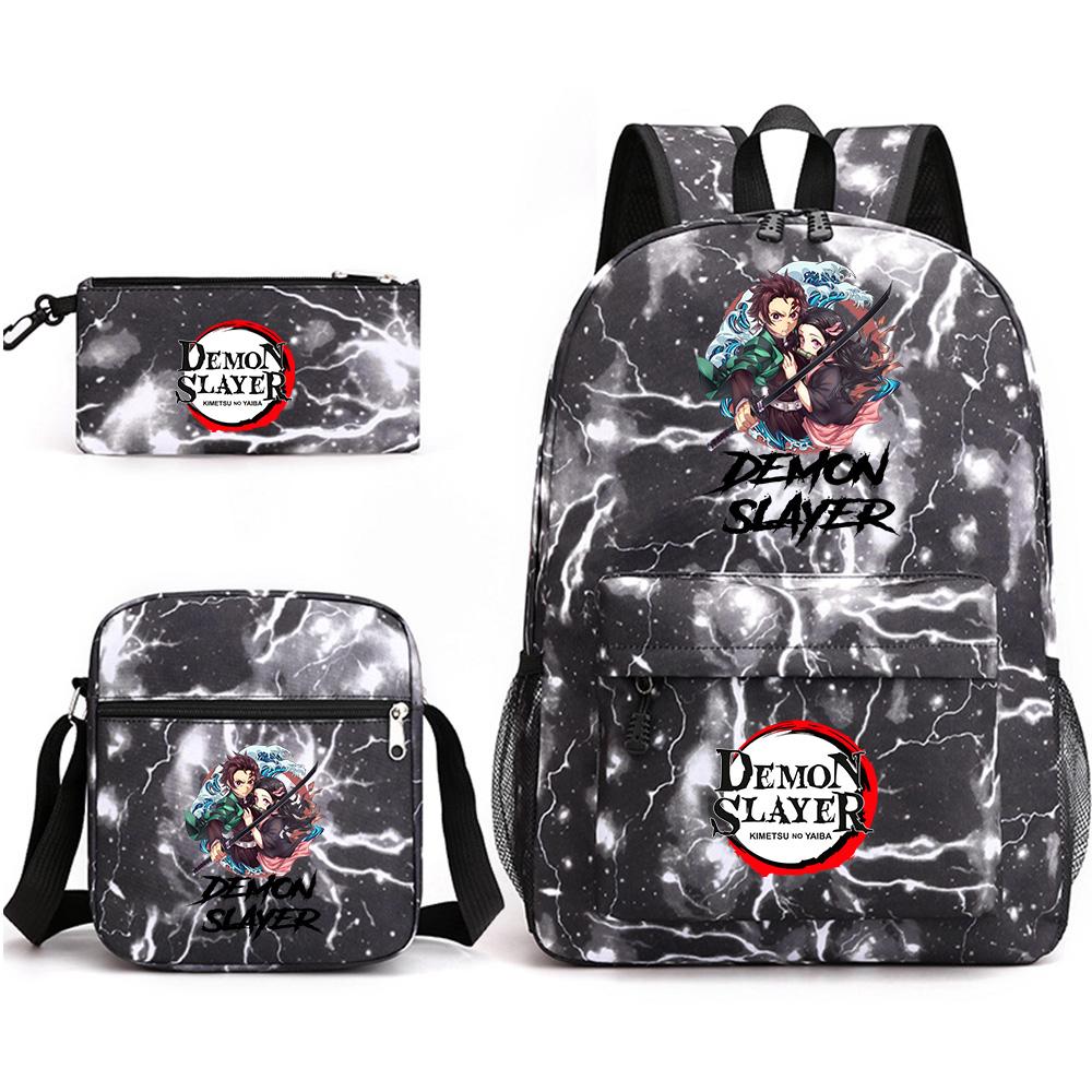 3 Stück/Set Anime Cartoon Demon Slayer Aufdruck Große Kapazität Buchtasche Rucksack mit Umhängetasche Federmäppchen für Schüler Junge Mädchen Schultasche