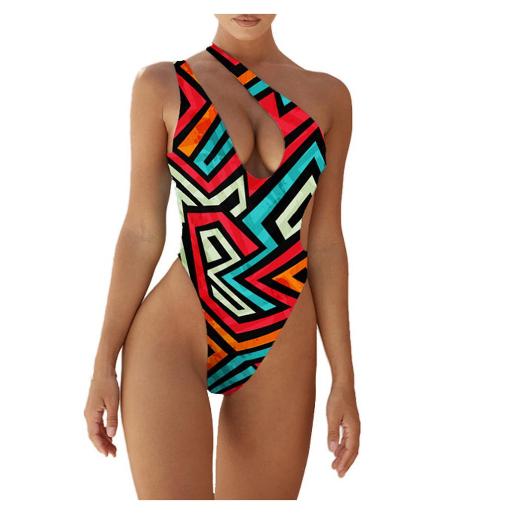 Damen Badeanzug Bikini Print Ärmellos Sexy Badeanzug