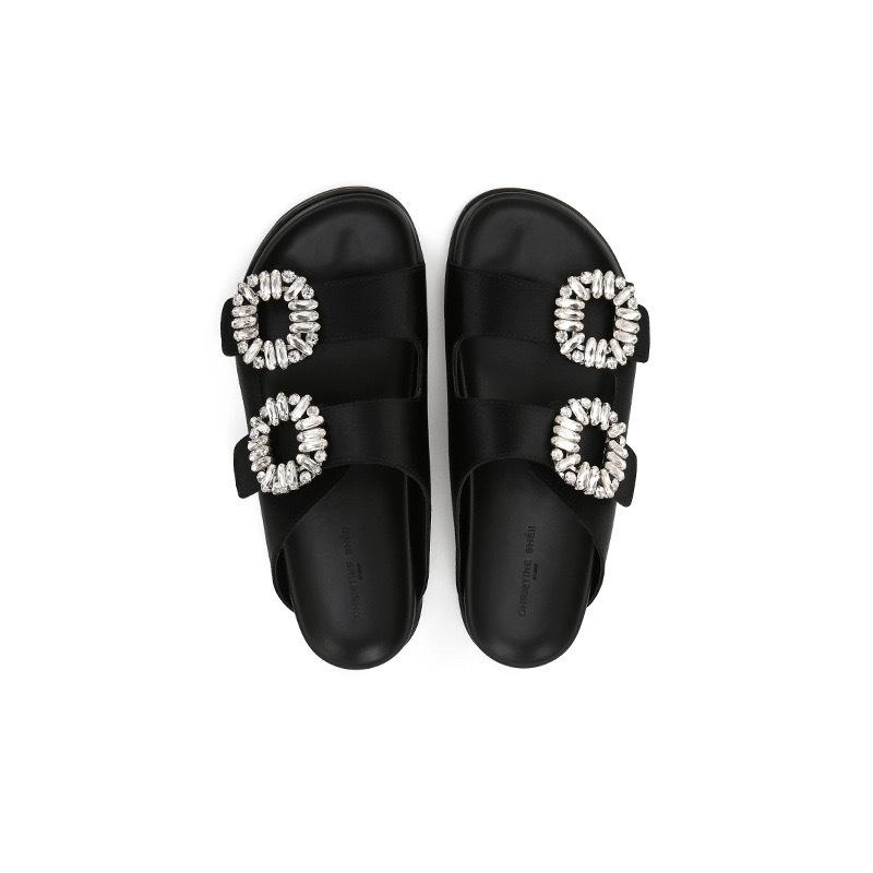 Sheepskin version~ square buckle rhinestone leather double belt casual thick-soled slippers women's sandals wear muffin one-and-a-half slippers