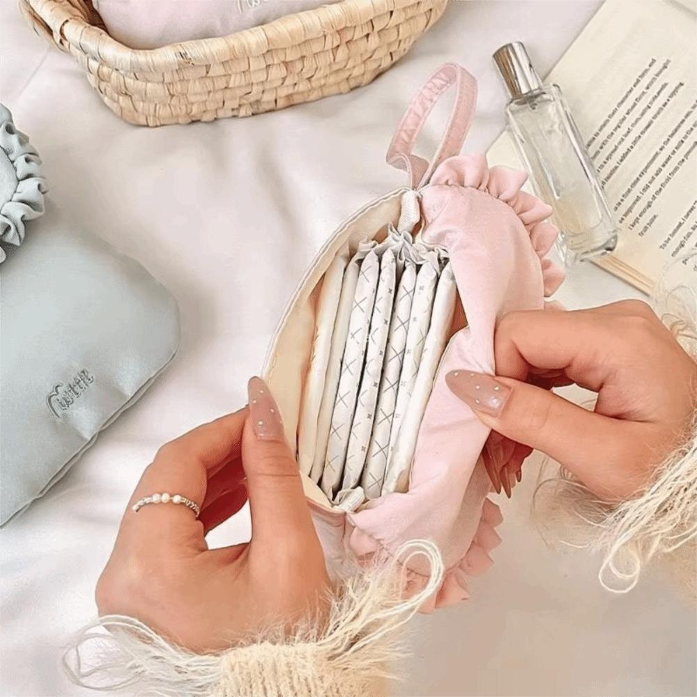 Portable Bow Embroidery Mini Storage Bag Multifunctional Solid Color Sanitary Napkins Bag Mini Handbag Outdoor