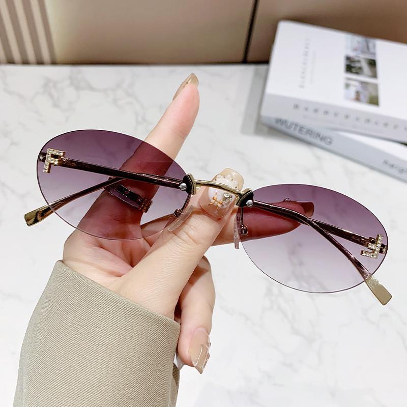 New Letter F Frameless Sunglasses With Rhinestone Elliptical Frame Uv400 For Fashion Outings