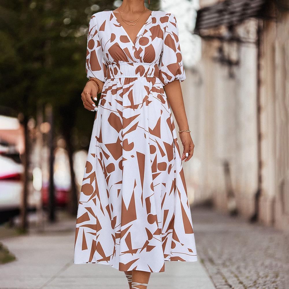 Geometric Pattern Waistband V-neck Long Casual Commuter Dress for Spring Summer Women's Dress Women Clothing