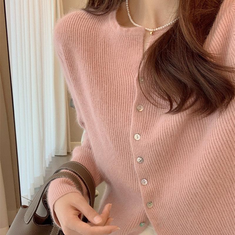 Autumn new gentle and simple style solid color single-breasted knitted cardigan women's casual versatile crew neck sweater women's