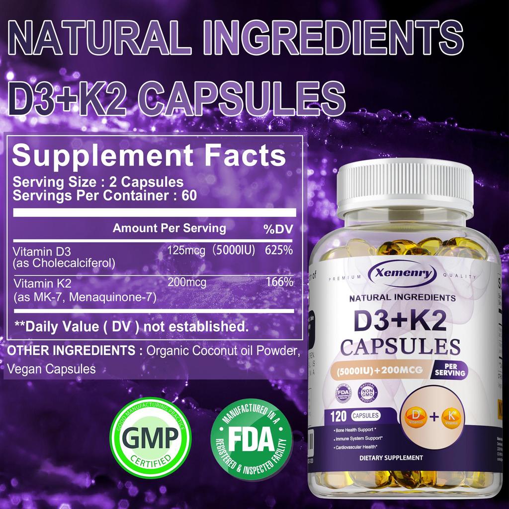 Le Capsule Molli Vitamina D3+K2 supportano la salute delle ossa, la funzione del sistema immunitario e la salute cardiovascolare. 120 capsule molli.