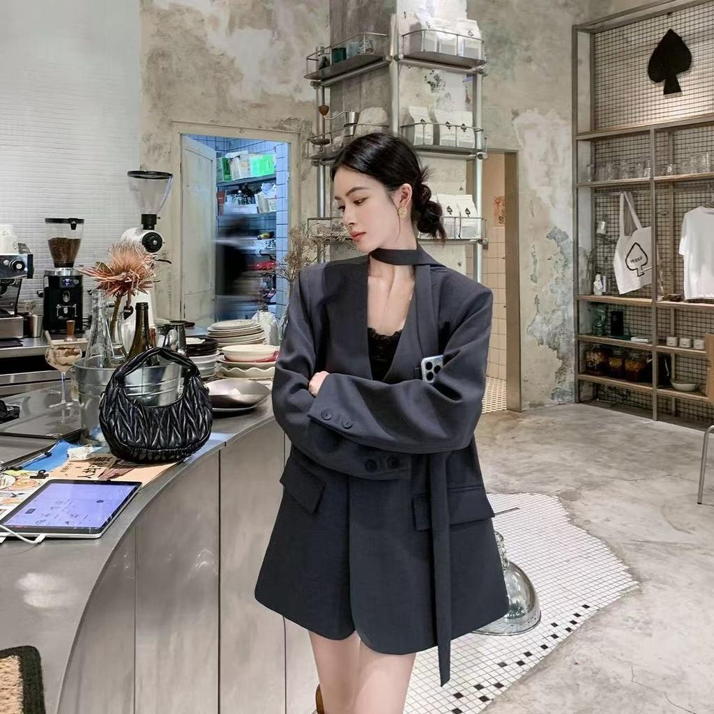 Elegant Belted Casual Blazer Women Spring Autumn Loose Fit Tied Sleeve Slimming Office Suit