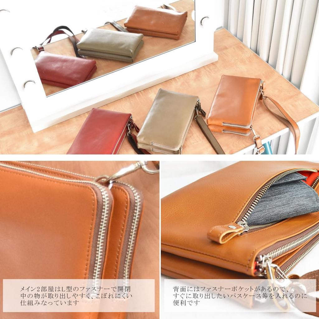 7645-OK Hergestellt in Japan Echte Leder Umhängetasche für Damen, Geldbörse aus Rindsleder mit Doppelreißverschluss, Praktische Aufbewahrung, Beliebt, Einfach zu bedienen,