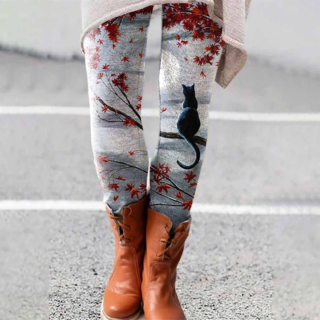 Women Cat Printed Elastic All-match Slim Casual Long Boot Pants Leggings