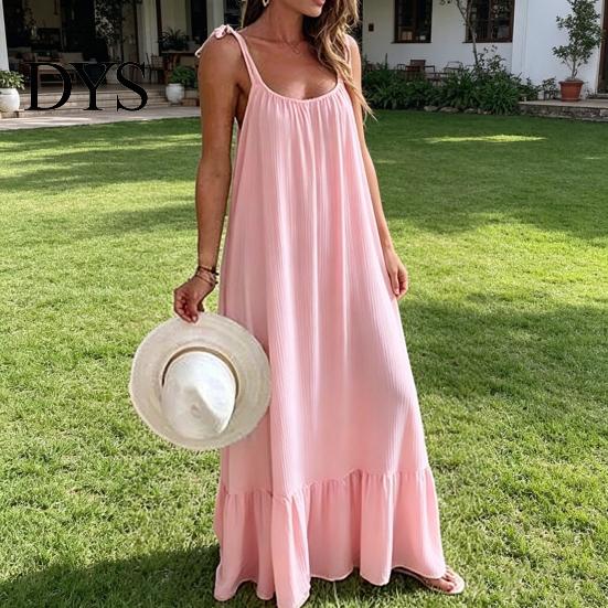 Loose Fit Summer Dress Women's Casual Tie Shoulder Sleeveless Square Fresh Natural Look Neck Maxi A-Line Ruffle Flowy Beach Sundress Spring