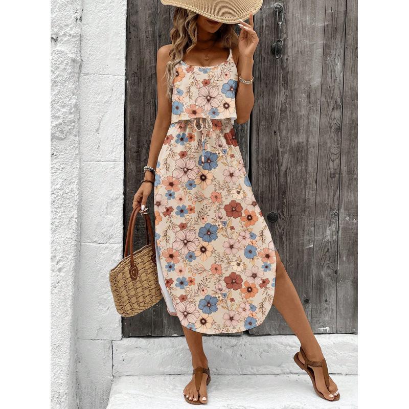 Strappy Printed Dress - Elegant Ink Silk Gauze for Commute and Casual Wear