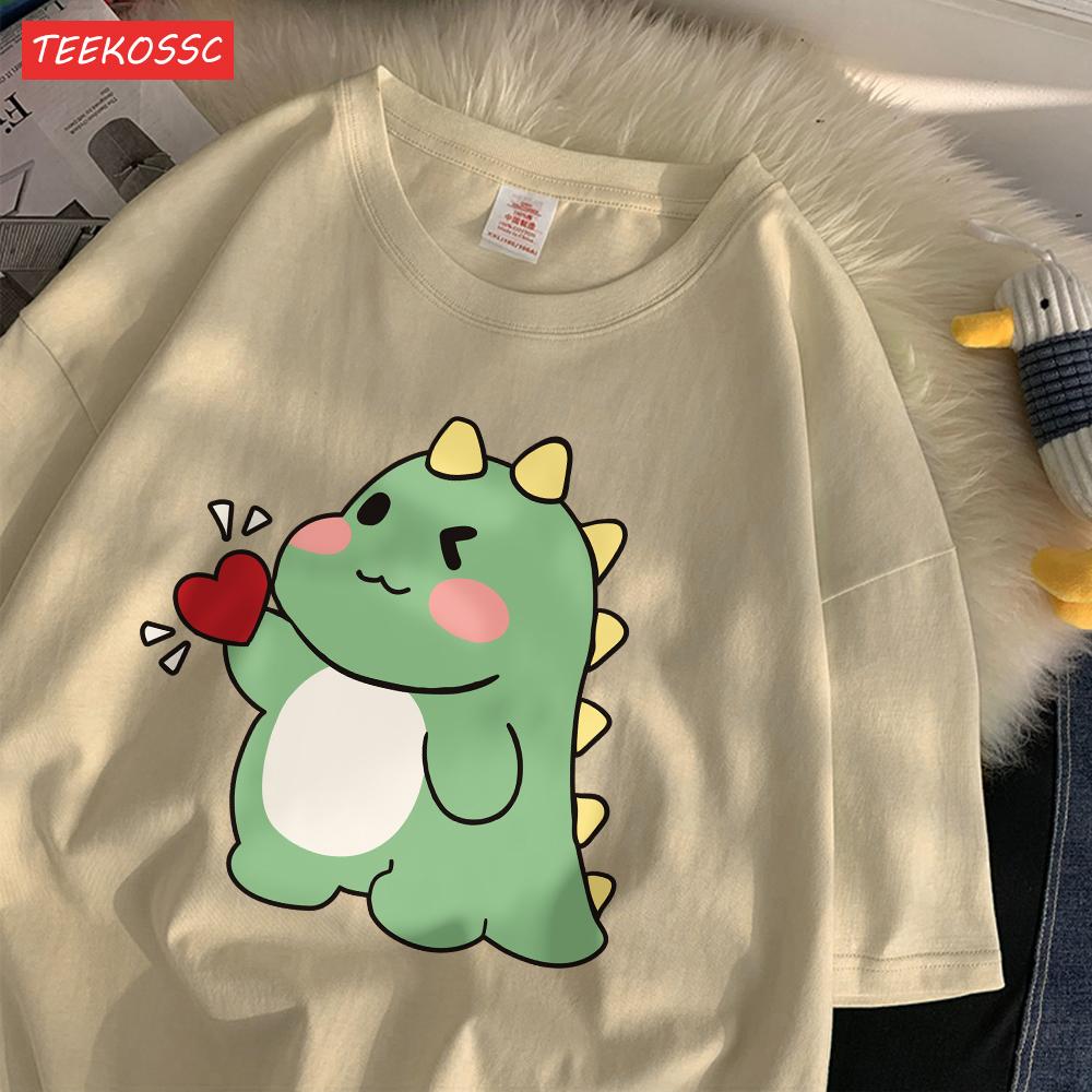 Trend Cotton WomenS TShirts Cute Little Dinosaur Confesses Love Printing Tee Shirts Soft Loose ONeck Summer Female Clothes