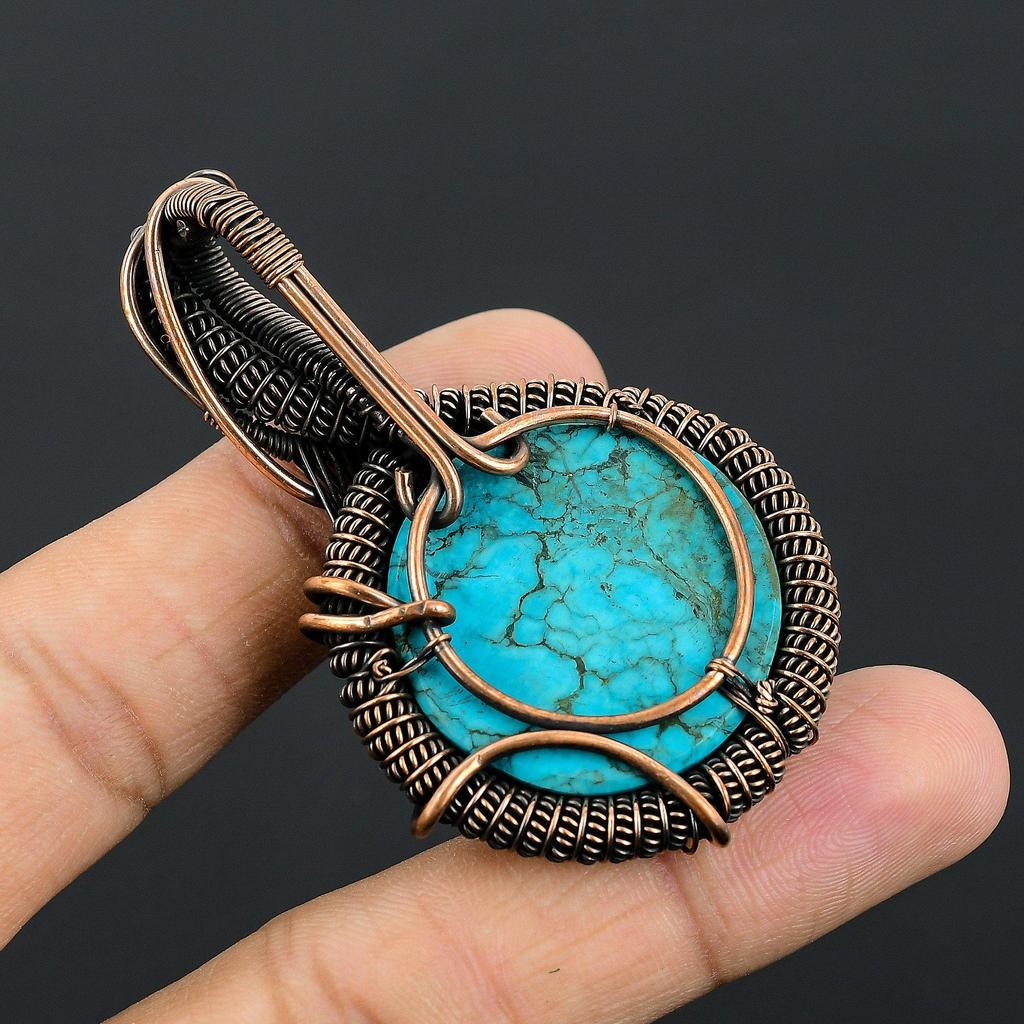 Tibetan Turquoise Pendant, 999 Copper Wire Wrapped Gemstone Jewelry, Handmade Pendant, For Thanksgiving