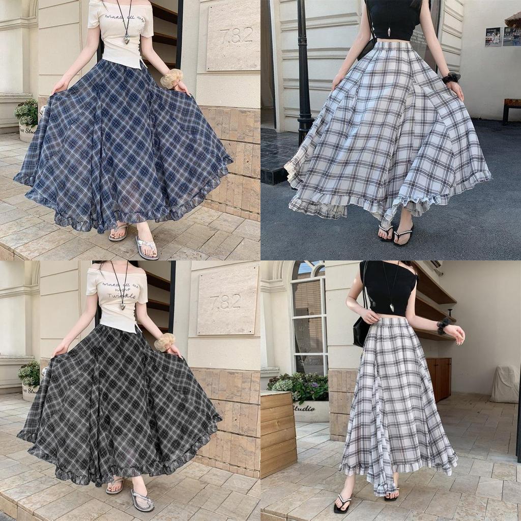 Longue jupe en mousseline à carreaux vintage avec ourlet asymétrique pour l'été décontracté pour femme