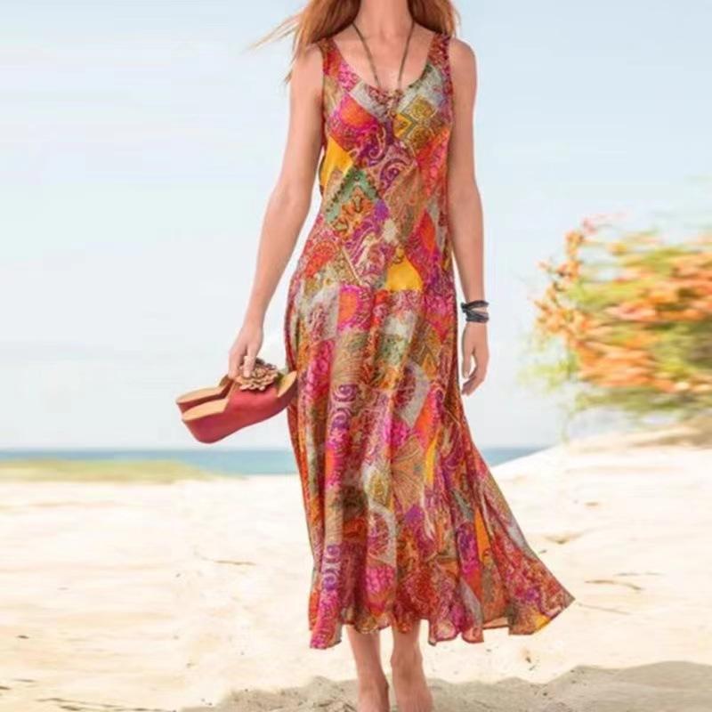 GMXIA Polyesterové dámské dlouhé šaty s potiskem letní bohémské plážové ohlávkové šaty pro ženy