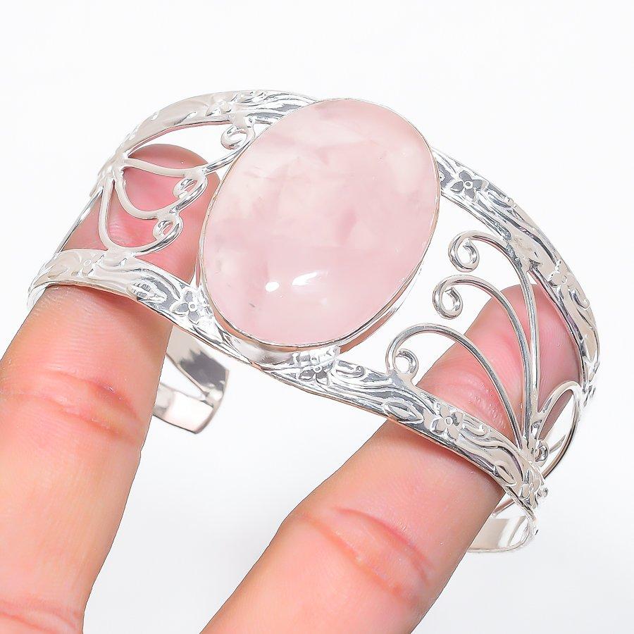 Natural Rose Quartz Gemstone 925 Sterling Silver Cuff Bangle Adjustable N4F21