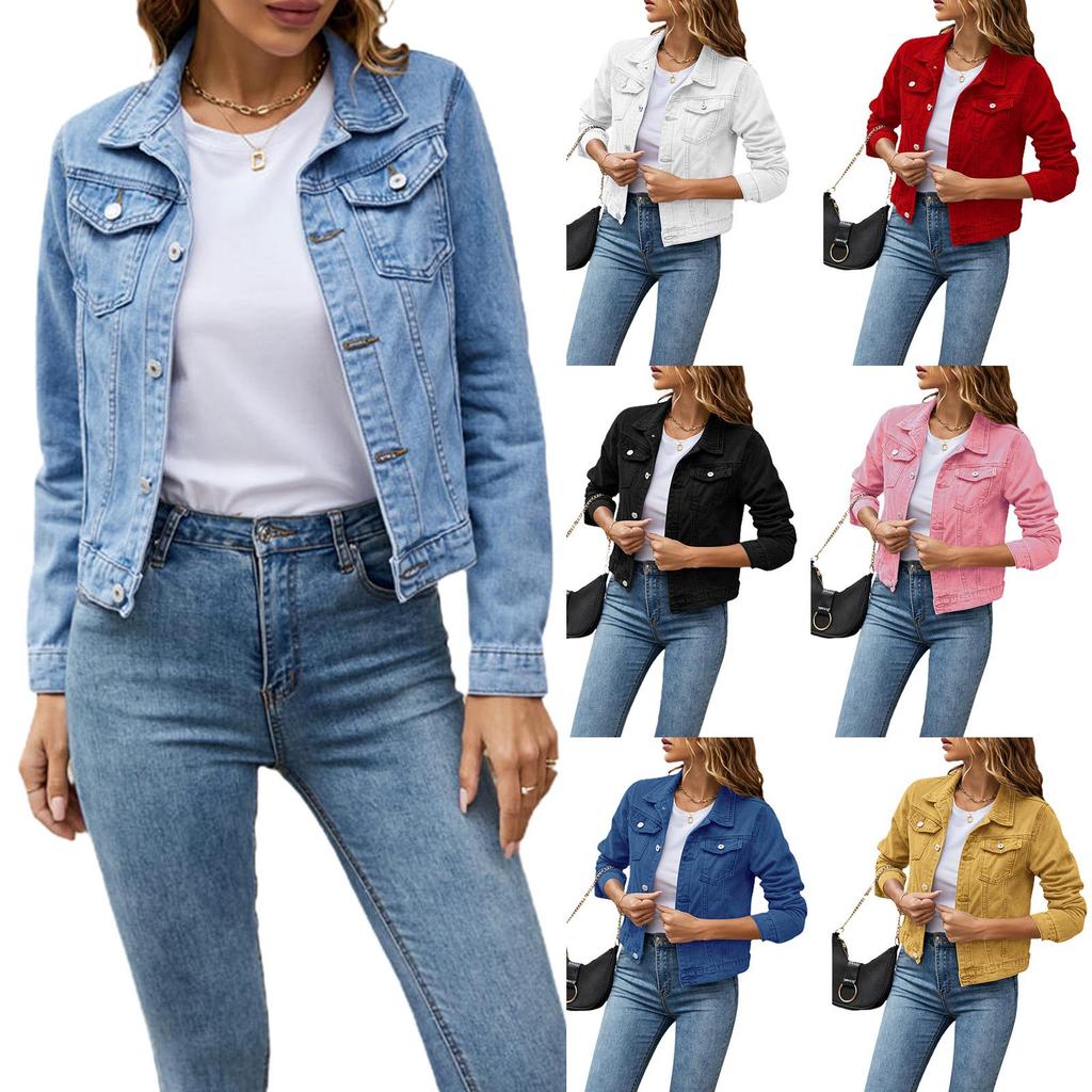 Women's Denim Jackets Fashion Female Casual Long Sleeve Lapel Solid Button Down Chest Pocket Slim Jean Jacket Coat