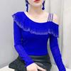 Spring Autumn Streetwear Spring Sexy Off Shoulder Women's T-Shirt Elegant Slim Design Tops Female Chic Ruffles Hot Diamonds Tees