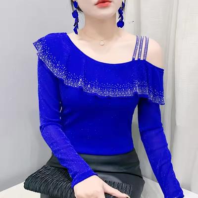 Spring Autumn Streetwear Spring Sexy Off Shoulder Women's T-Shirt Elegant Slim Design Tops Female Chic Ruffles Hot Diamonds Tees