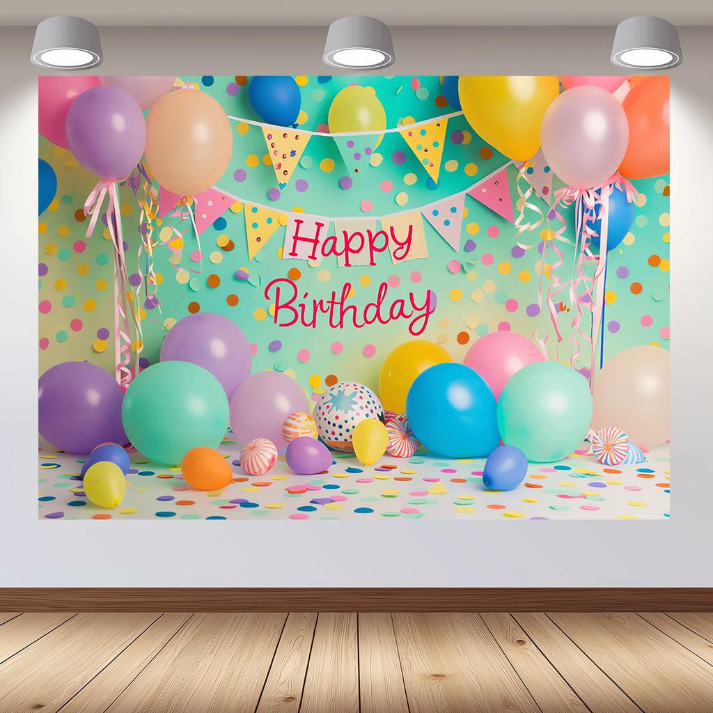 Happy Birthday Photo Booth Background Cloth - Bright Balloon and Cake Patterns, for Ladies' Celebration Parties