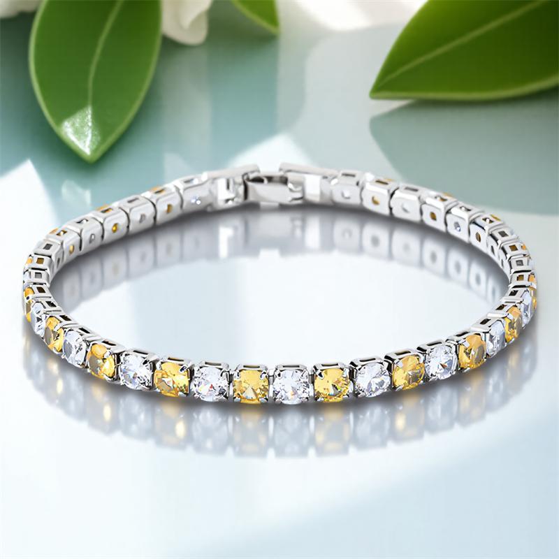 

17/19cm Yellow Crystal 4mm Round Stone White Zircon Bracelets for Women Classic Silver Color Chain Bracelet Wedding Jewelry Gift 19cm