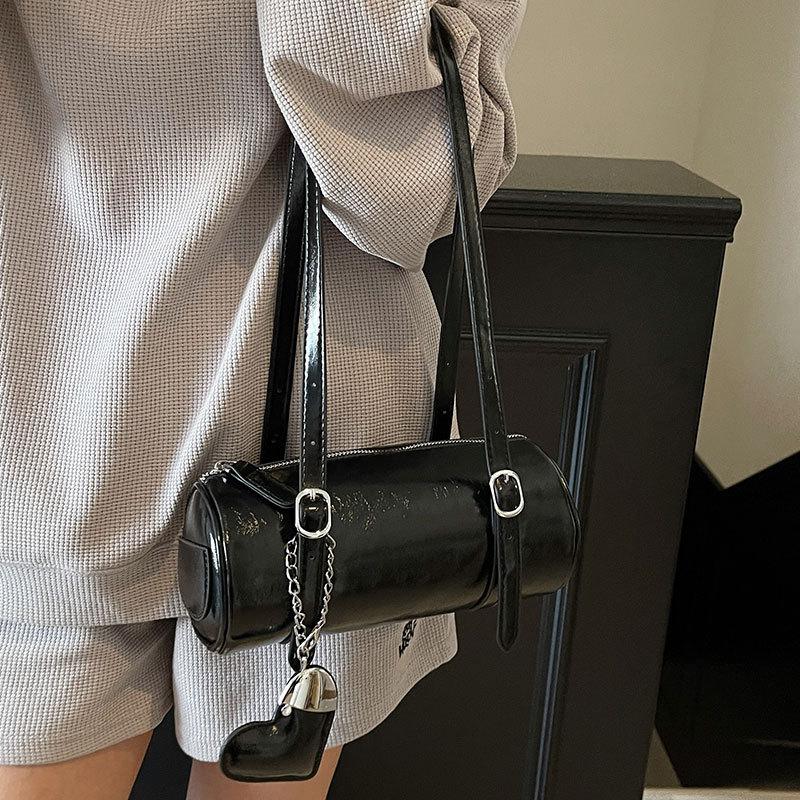 Simple oil wax leather portable cylinder bag niche design casual versatile shoulder pillow bag women