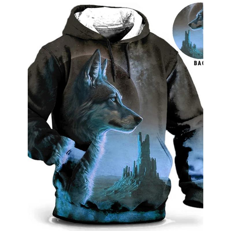 Men's Vintage Wolf Graphic Hoodies 3D Animal Print Sweatshirts Autumn/Winter Men Women Outdoor Pullover Loose Y2k Tracksuit Coat