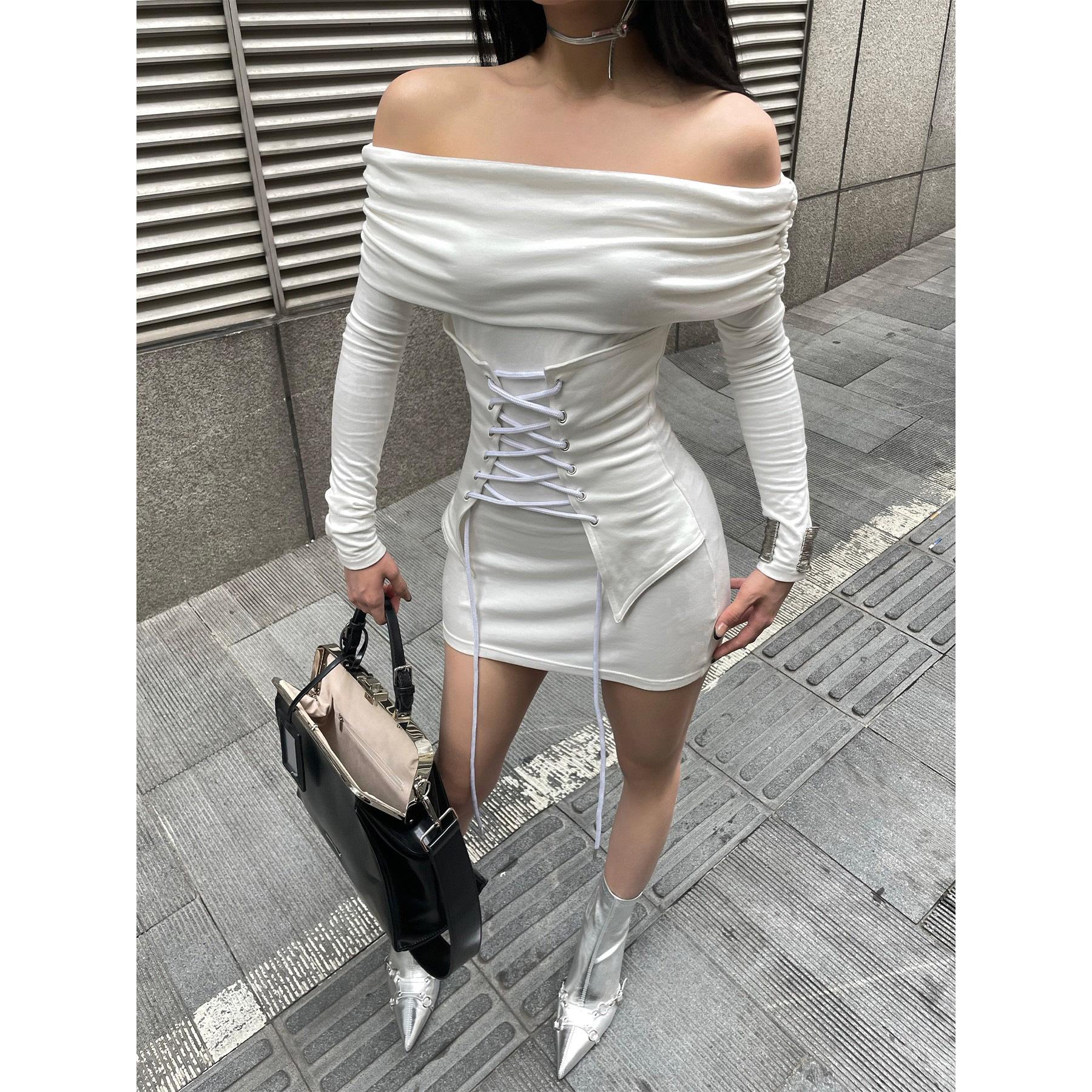 

Spice girl design sense royal sister temperament sexy long-sleeved dress women pure desire one-word collar waist short hip skirt S белый