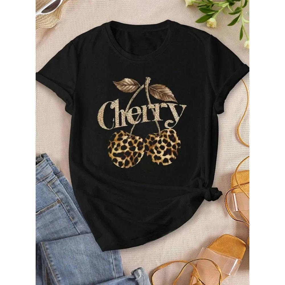 Womens Tshirt Leopard Cherry Printed Casual Fashion Short Sleeve Tshirt Soft Comfortable Summer Women Casual Clothing