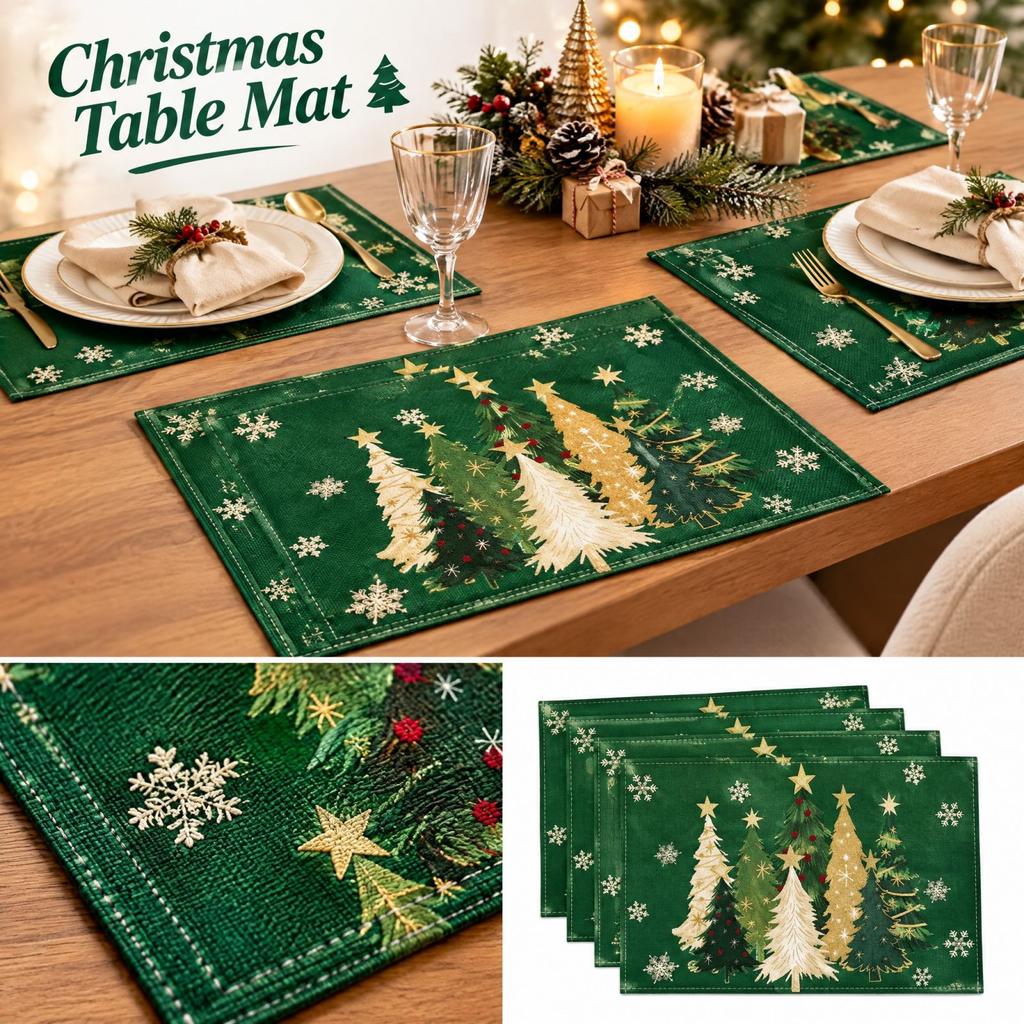 Christmas Placemat Set of 4, Christmas Tree Heat- Table Mats for Holiday Home Decor