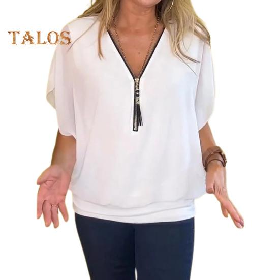 Naiste šifoonpluus V-kaelusega tõmblukk, poolpluus, varrukad, pullover, ühevärvilised vabaaja topid