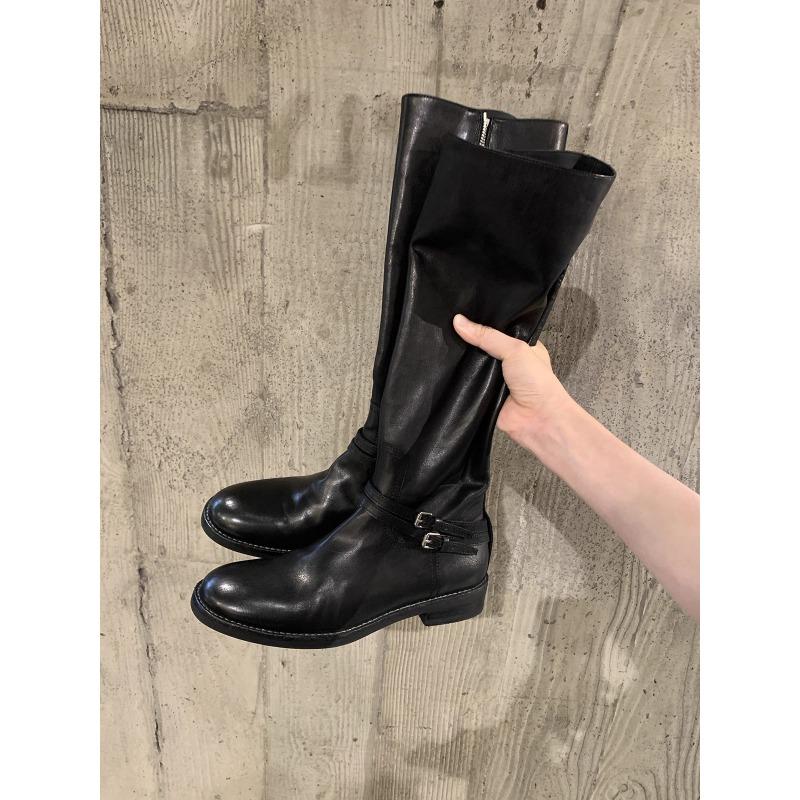 Cowhide~ Retro boots women's double buckle straps but knee boots side zipper thick heel knight boots