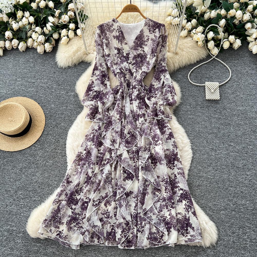 Französisches Retro V-Ausschnitt Langarm Blumen Chiffon Kleid Damen Herbst Taille Temperament Lotusblatt-Rand Langer Rock
