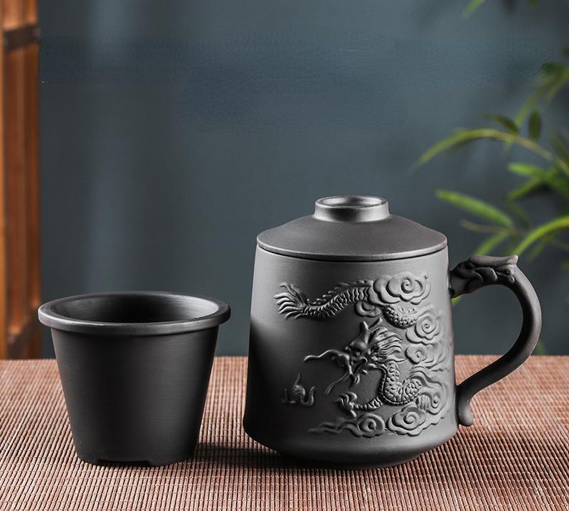 Retro Yixing Dragon Phenix Purple Clay Tea Mug with Lid and Infuser Handmade Ceramic Teacup Office Water Cup Gift Home Drinkware