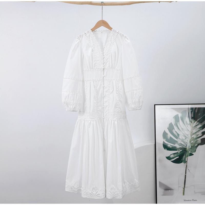 Elegant Lace Hollow Out Women's Long Dress Solid V-neck Patchwork Puff Sleeve Bodycon Dressess Female New Lady Robes