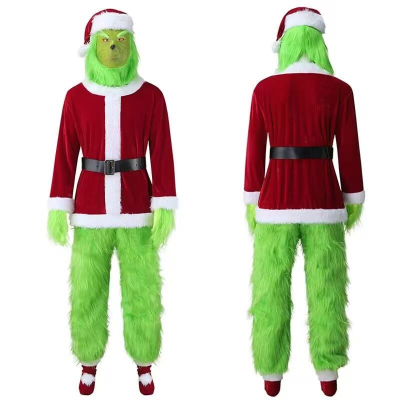 Halloween hit green hair monster grinch cosplay Santa with hairy pants suit costume