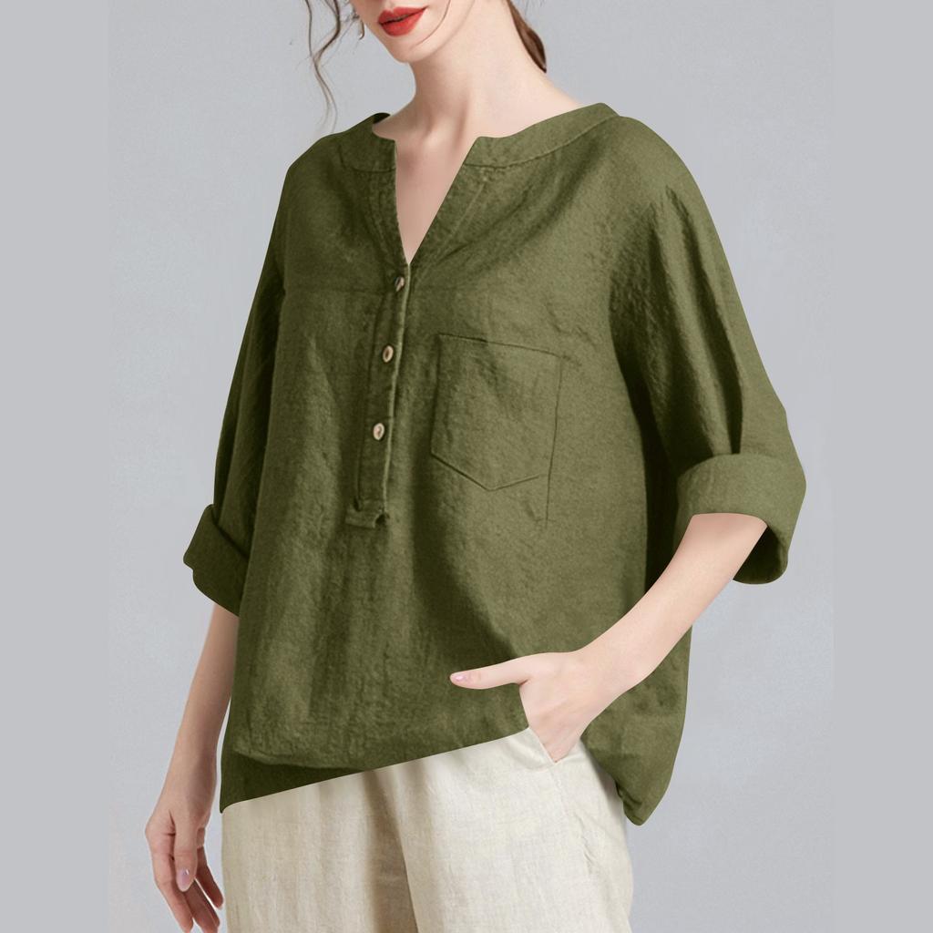 Women's Fashion Loose Solid Color Standing Collar Button Long Sleeve Sleeve Cotton Top