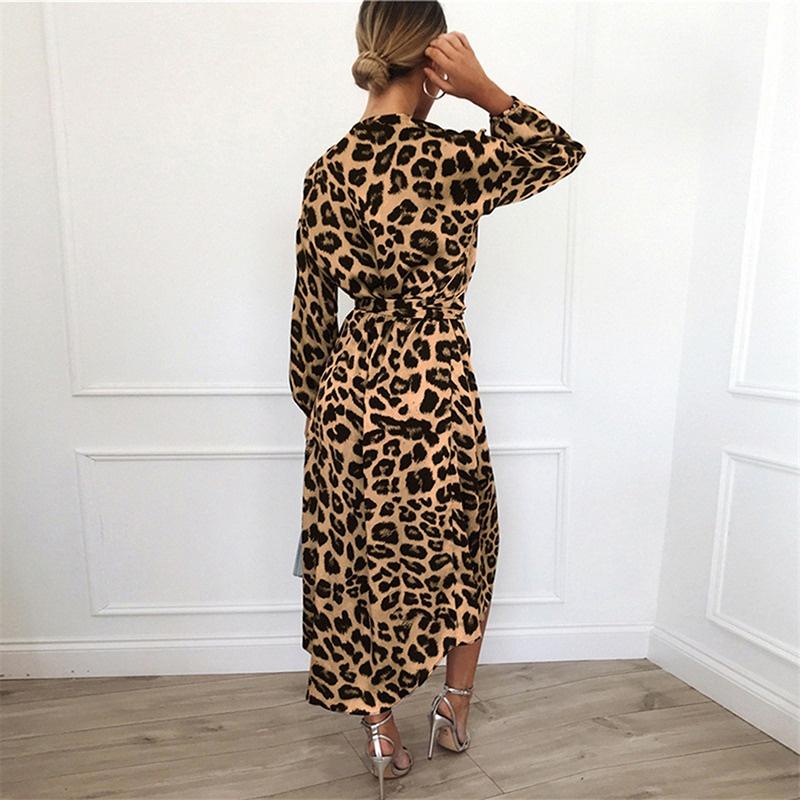 Women Fashion Plus Size V Neck Leopard Print Long Sleeve Chiffon Dress