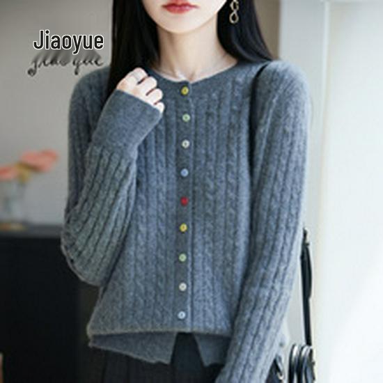 Women's Round Neck Knit Cardigan - Korean Style Loose Sweater, Garter Stitch Outerwear for Spring and Autumn