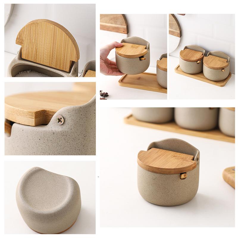 Solniță cu capac ceramică 2X recipient pentru depozitarea sarei cu lingură de lemn și capac cutie de condimente borcan de depozitare a condimentelor de bucătărie