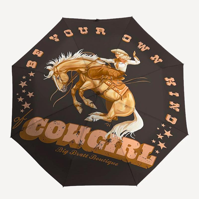 Cowgirl Automatic Folding Umbrella  Simple Eight Rib Design, Bright Color Pattern, Durable Iron Frame, Ideal for Travel and Outdoor, Beach a