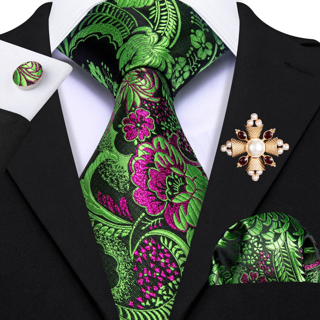 Pearl Brooch with Silk Tie for Men Vintage Floral Teal Necktie Hanky Cufflinks Gift Formal Set