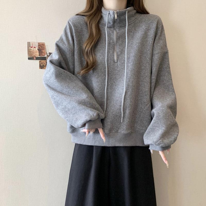 Women Solid Color Loose Half Zip Stand Collar Cropped Thin Casual Sweatshirt
