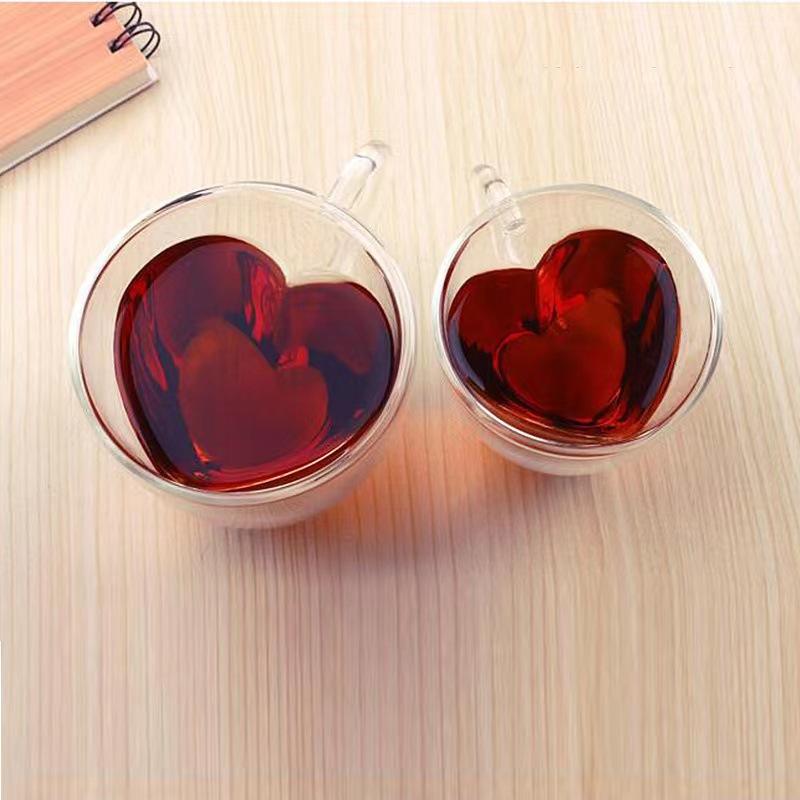 Glass Coffee Mug Cup Heart Love Shape Double Wall Drinking Tea Milk Juice Water Glasses Heat Resistant Drinkware Set Lover Gift
