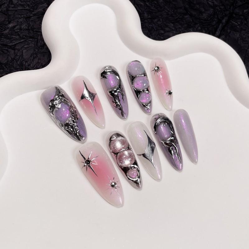 Handmade Press-On Nails With 3D Embossed Design Glitter Chrome Finish Women Stylish Edgy Sweet Cool Nail Art Tips