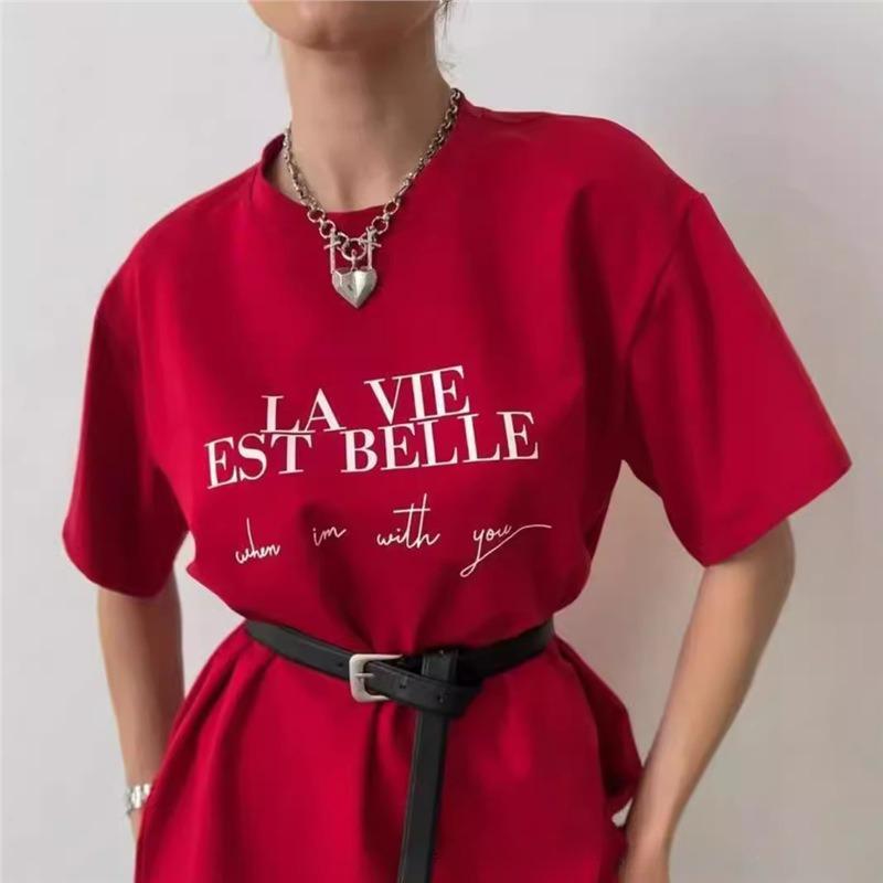 Enkel T-shirt i bomull med tryckta bokstäver för dam Vår Sommar Lös O-hals Kortärmad T-shirt Dam Mode Street Mångsidig Topp