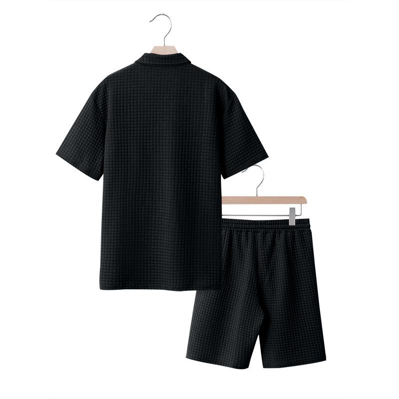 Summer Men’s Short-Sleeved Set: Jacquard Small Check Loose-Fit Casual Polo Shirt Set for Men