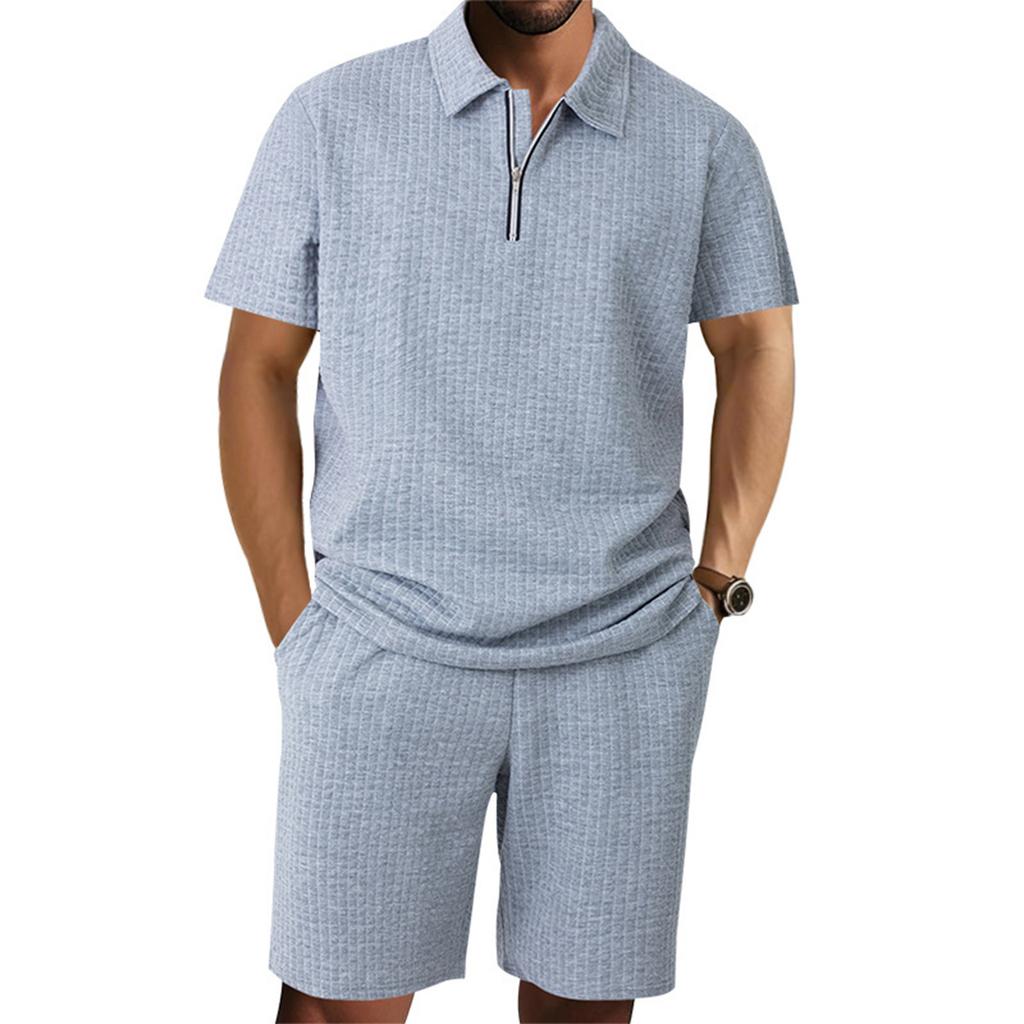 Men'S Solid Color Casual Collar Short Sleeved Shorts Two-Piece Set